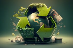 Illustrasjon av en jordklode med et resirkulerings-symbol rundt, og en del avfall i bakgrunnen.
